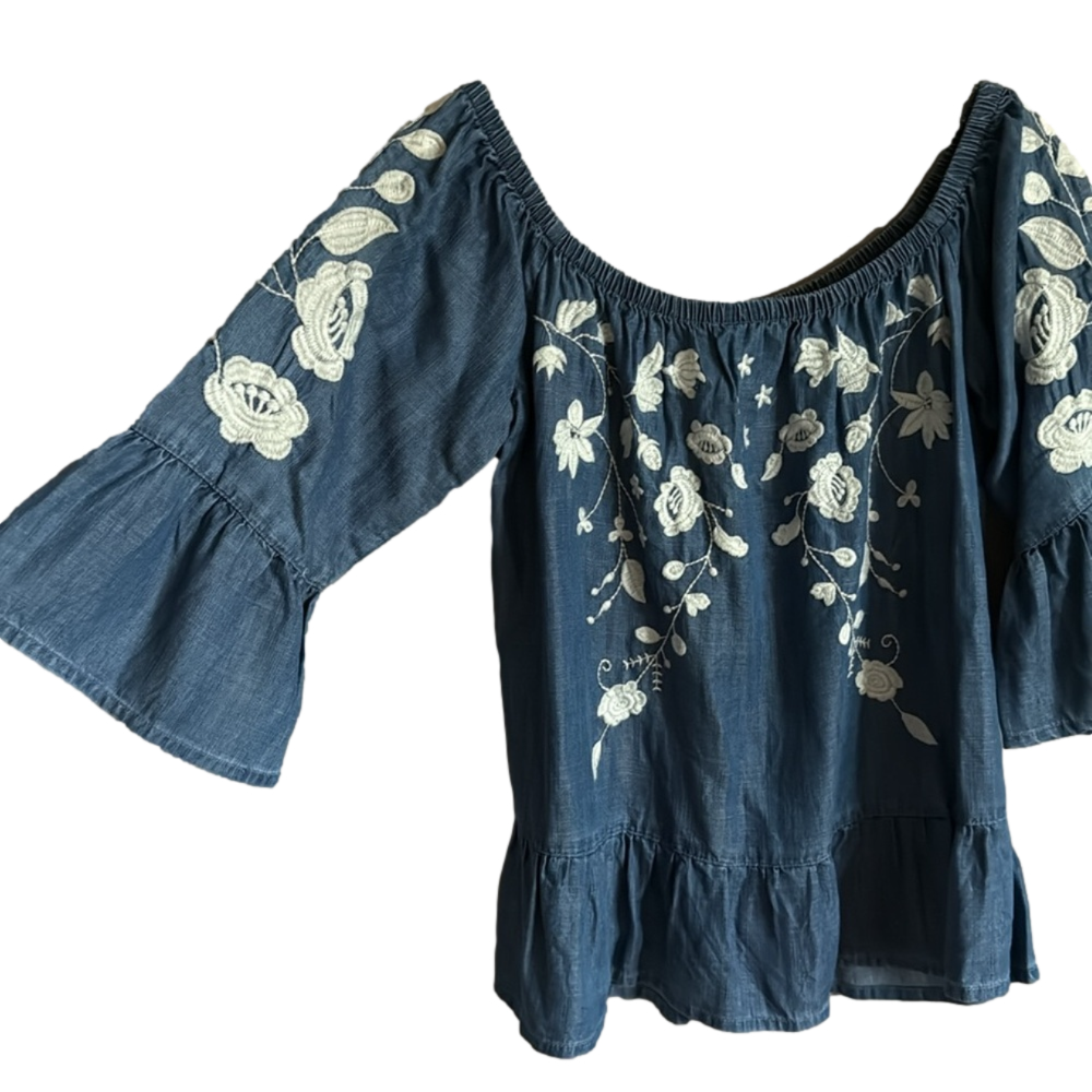 Blue Rain Boho Chic Floral Embroidered Chambray Off the Shoulder Blouse Top